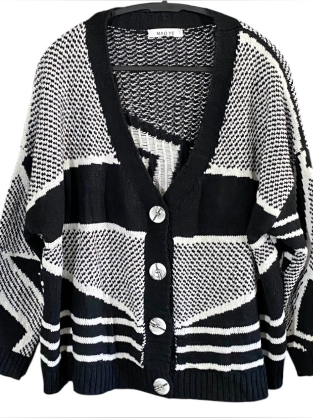 Women’s Oversized Patchwork Artsy Cardigan Sweater M Black Boho Lagenlook Baggy